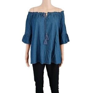 NEW Women's 1X-100% Cotton Top Off the Shoulder Denim Peasant Boho Flare Sleeves